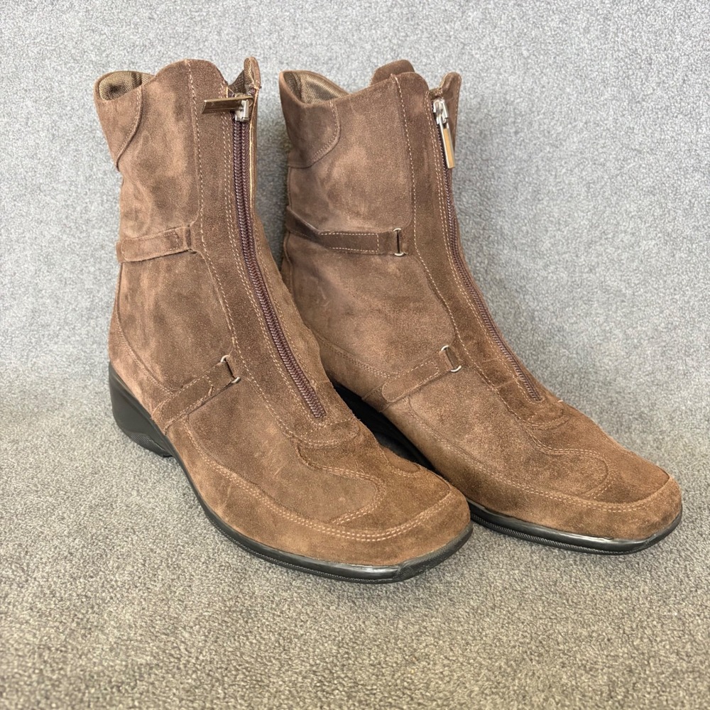 Aquatalia Suede Ankle Boots Women 7 Brown Front Zip Harness Wedge Romania